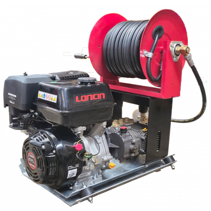 Maxflow Industrial Pressure Washer - Loncin G420 21 LPM Powerwasher Skid Frame + 30M Reel
