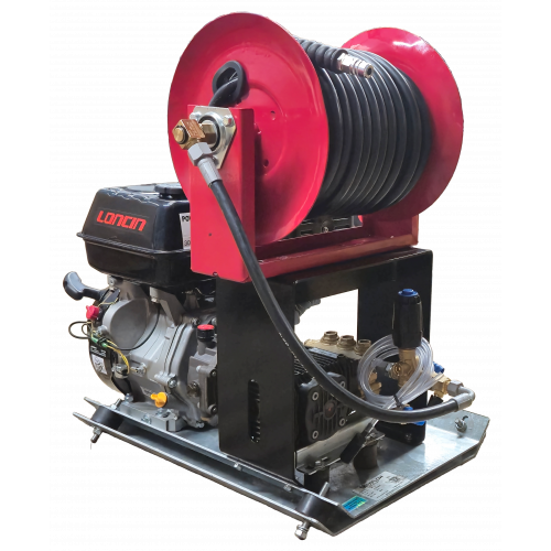 Maxflow Industrial Pressure Washer - Loncin G420 21 LPM Powerwasher Skid Frame + 30M Reel