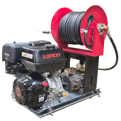 Maxflow Industrial Pressure Washer - Loncin G420 21 LPM Powerwasher Skid Frame + 30M Reel