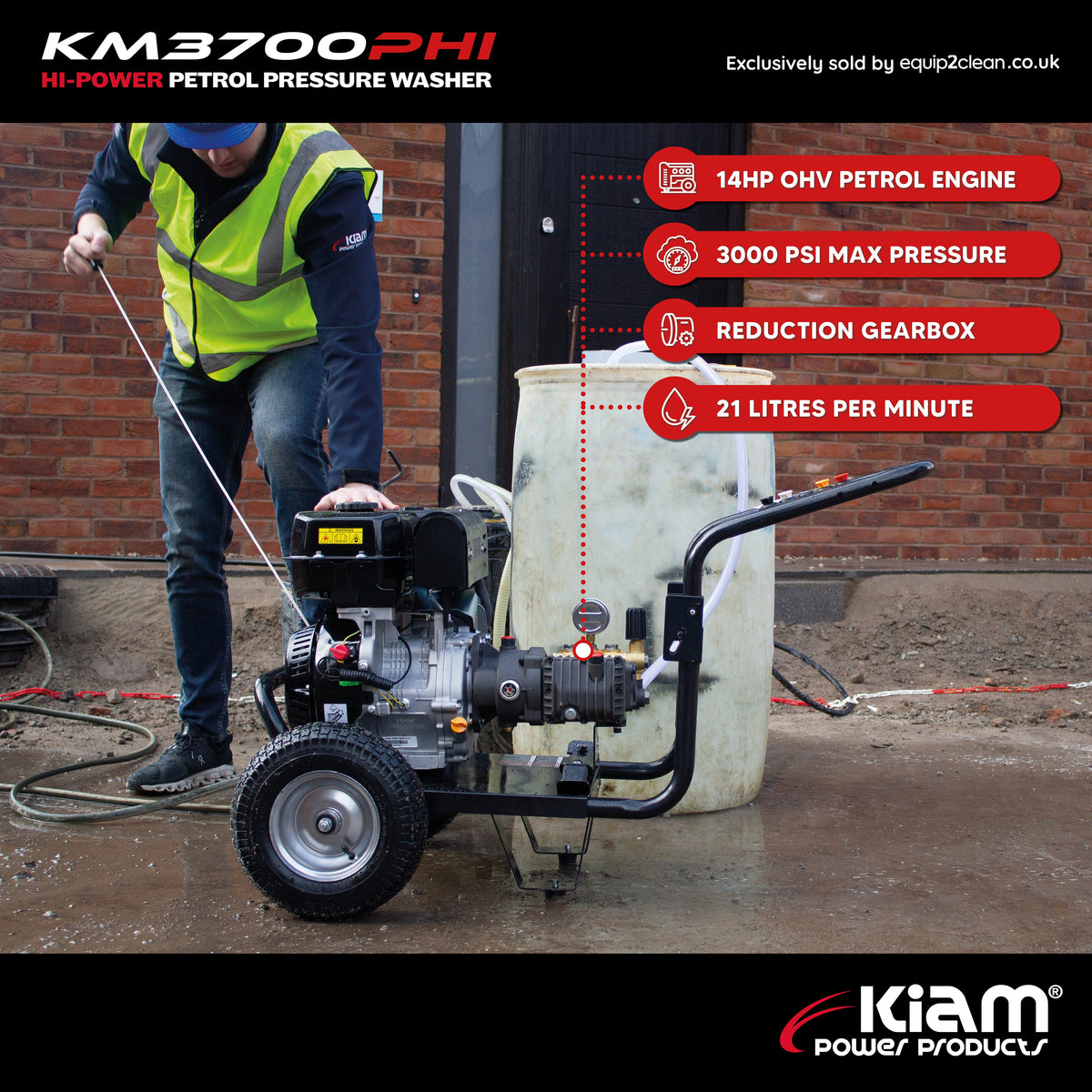 Kiam Products 21LPM Petrol Pressure Washer – Kiam KM3700PHI HIFLOW | 14HP Jet Cleaner