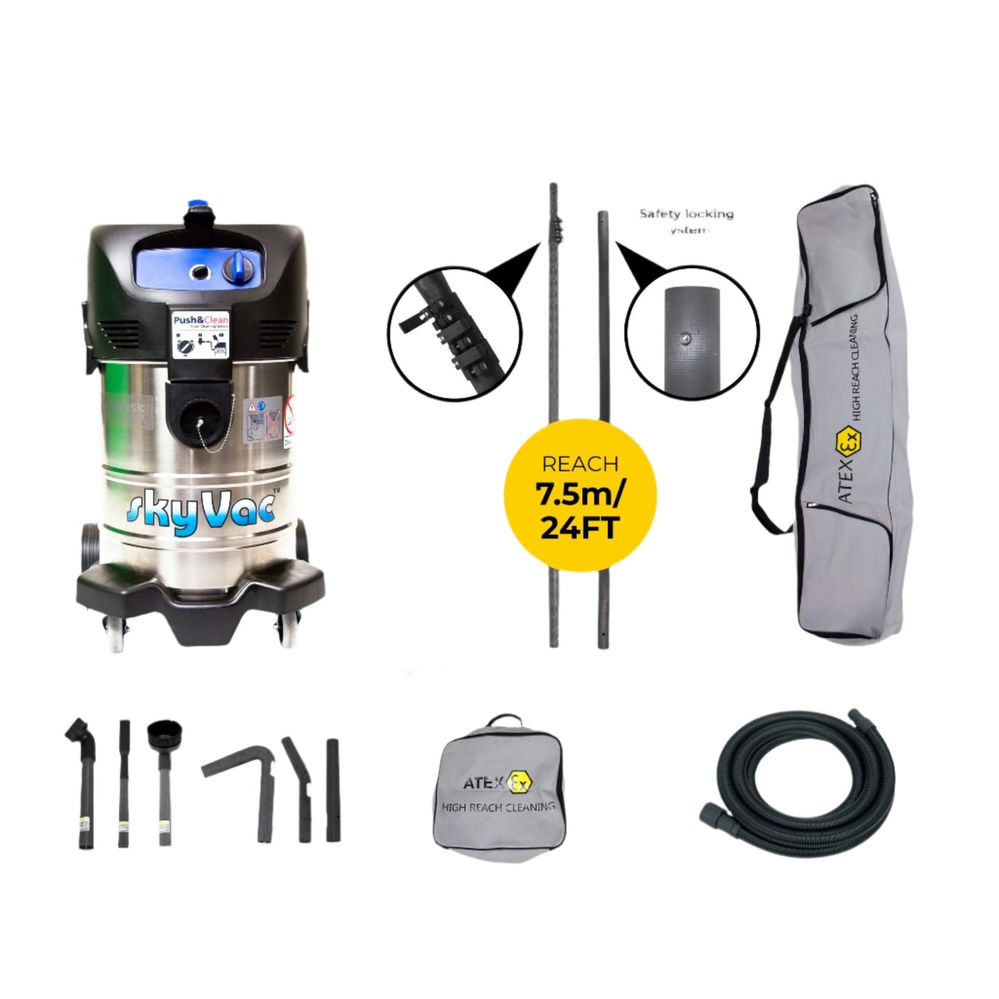 skyVac Atex A37 With High Suction Atex Certified Carbon Fibre Pole Set - Vacuum Cleaner