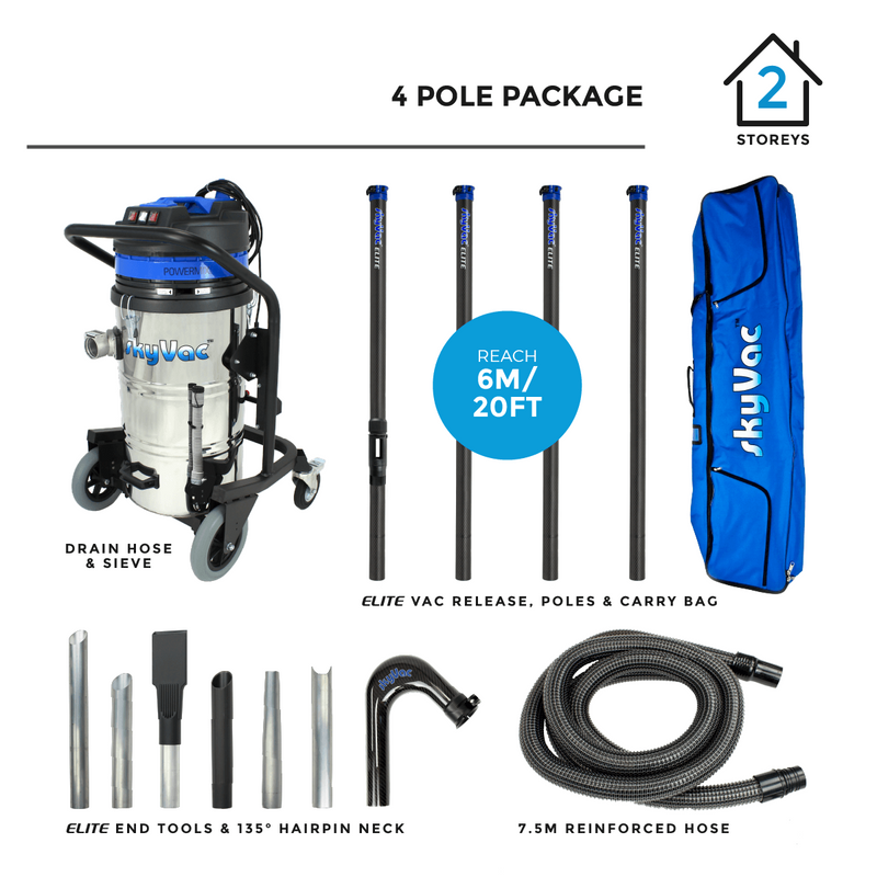 SkyVac Vacuum Cleaner 240v 4 Pole 20ft (6m) SkyVac Industrial 85 With High Reach Pole Set - Triple Motor Machine With Upto 40ft Reach Industrial 85 240v 4 Pole Kit - Buy Direct from Spare and Square