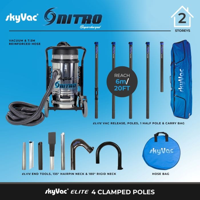 SkyVac Vacuum Cleaner 240v 4 Pole 20ft (6m) SkyVac Nitro With Elite High Reach Pole Set - Triple Motor With Upto 40ft Reach Nitro With 4 Pole Kit - Buy Direct from Spare and Square