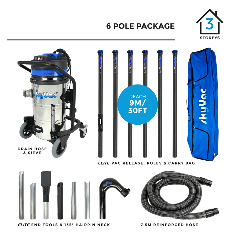 SkyVac Vacuum Cleaner 240v 6 Pole 30ft (9m) SkyVac Industrial 85 With High Reach Pole Set - Triple Motor Machine With Upto 40ft Reach Industrial 85 240v 6 Pole Kit - Buy Direct from Spare and Square