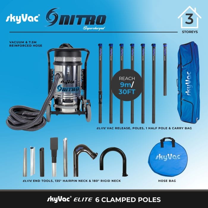 SkyVac Vacuum Cleaner 240v 6 Pole 30ft (9m) SkyVac Nitro With Elite High Reach Pole Set - Triple Motor With Upto 40ft Reach Nitro With 6 Pole Kit - Buy Direct from Spare and Square