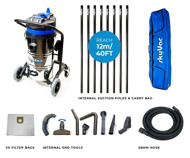 SkyVac Vacuum Cleaner 44mm 8 Pole Push Fit Set 40ft (12m) SkyVac Internal 78 With High Suction Pole Set - Upto 40ft - 240v Internal 78 Push Fit 8 Pole Kit - Buy Direct from Spare and Square